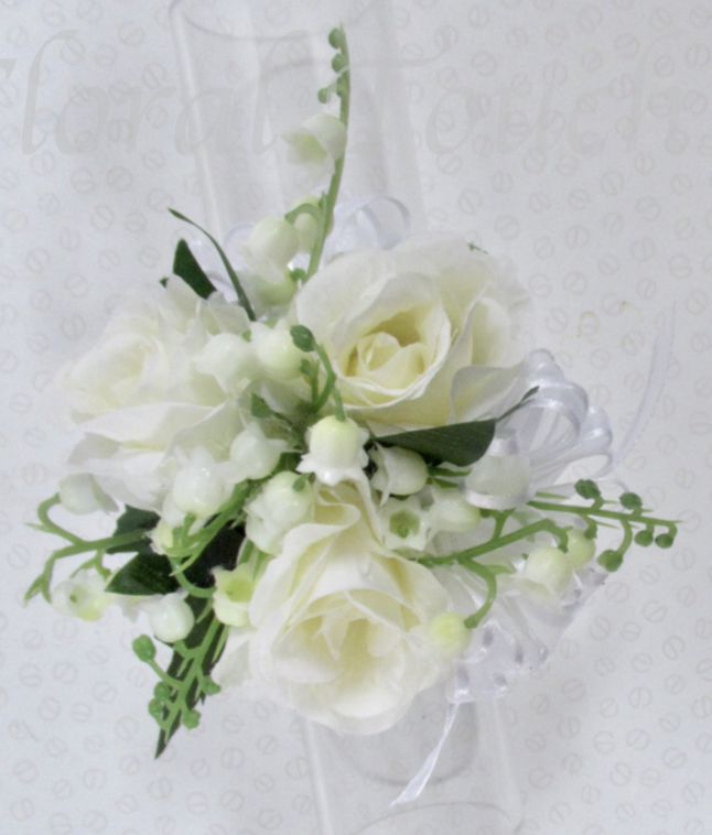 Lily of the valley and rose pin on corsage, wrist corsage 